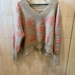 Anthropologie pink and tan floral pre-distressed Sweater, deep V